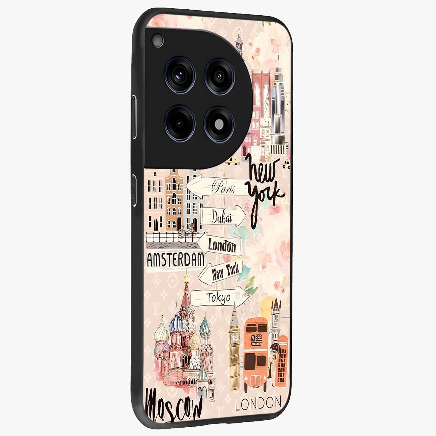 Aesthetic Travel Glass Case for 1+12R side perspective highlighting bold travel graphic details