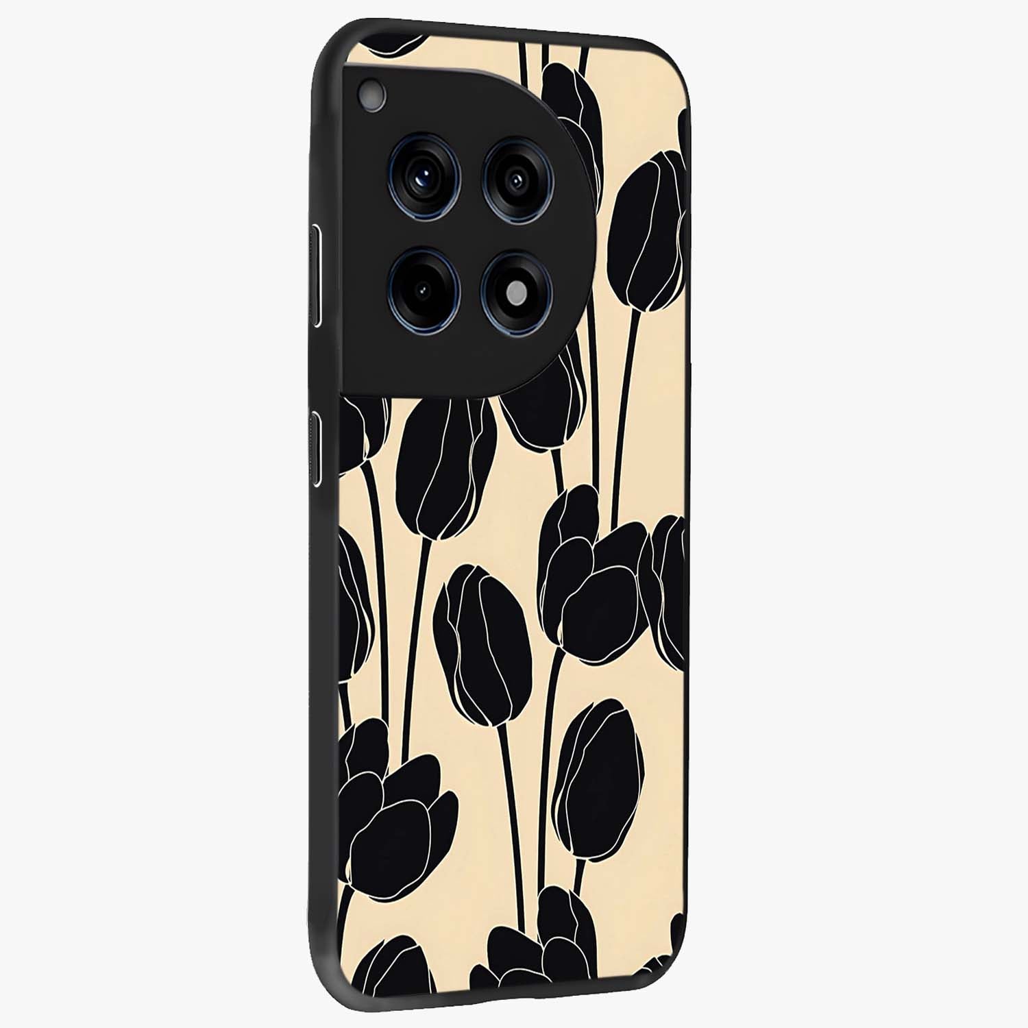 Black Designer Tulip Glass Case for 1+12R side perspective highlighting bold contrast and stylish tulip illustration