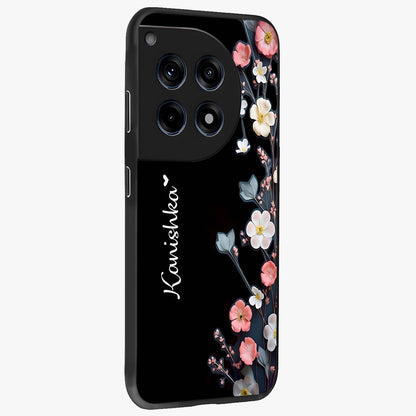 Black Elegance Floral Custom Name Glass Case for 1+12R side perspective highlighting elegant floral detailing and premium edges