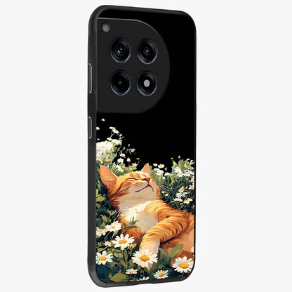 Blissful Bloom Cat Glass Case for 1+12R side perspective highlighting cute feline illustration and premium edges