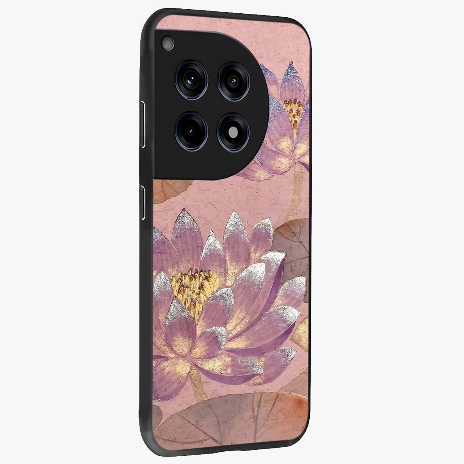 Blossom Mist Lotus Glass Case for 1+12R side perspective highlighting elegant lotus illustration and premium build
