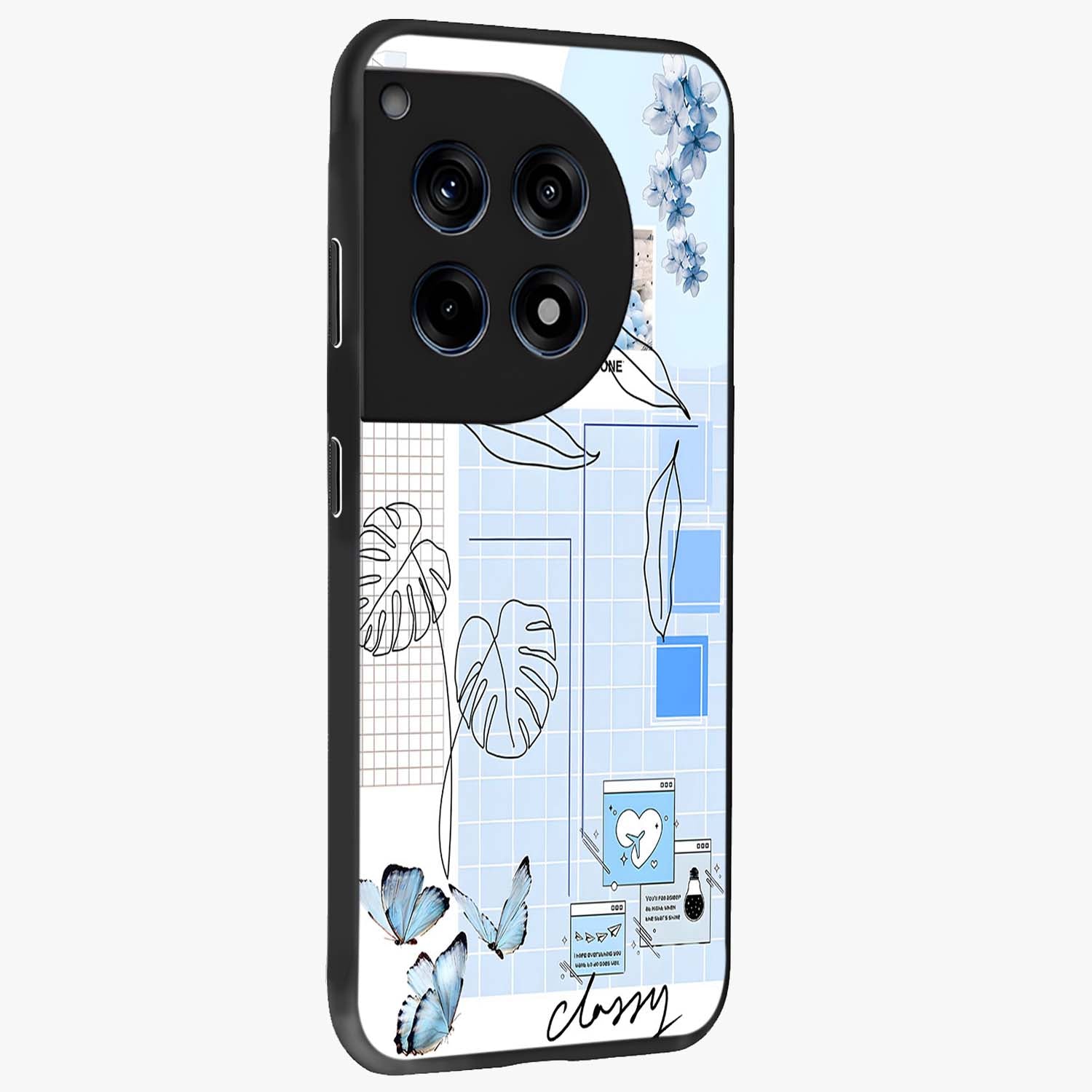 Blue Aesthetic Flower Glass Case for 1+12R side perspective highlighting calming blue tones and premium detailing