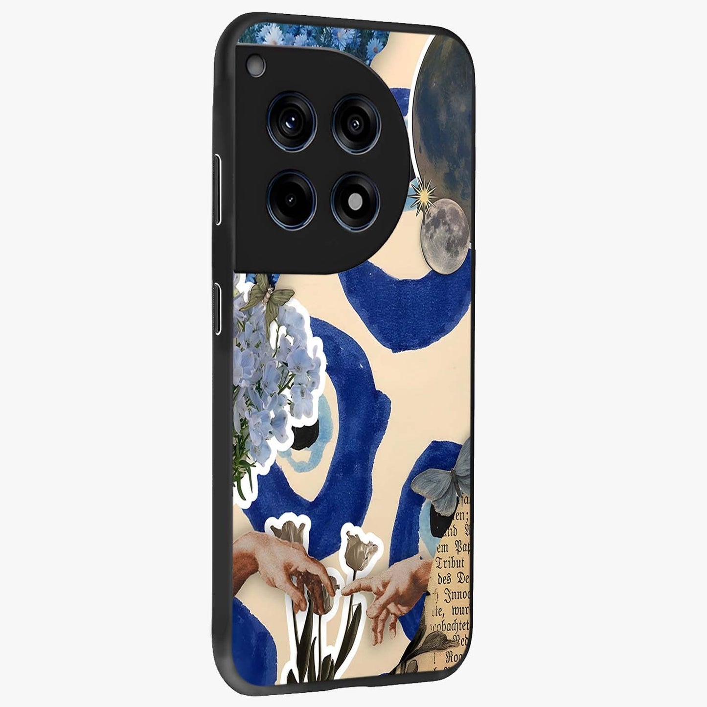 Blue Evil Divine Glass Case for 1+12R side perspective highlighting protective charm detailing and smooth premium edges