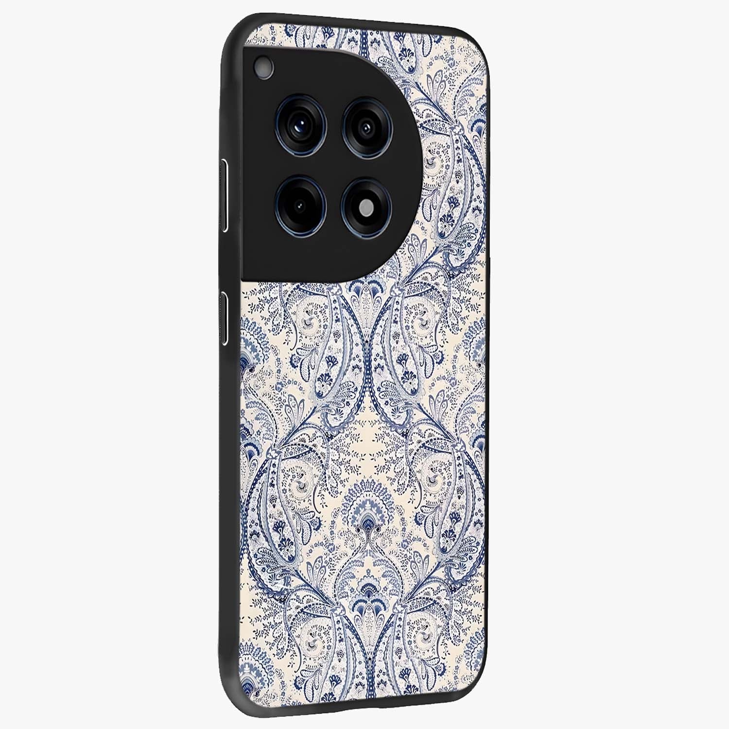 Blue Paisley Bloom Glass Case for 1+12R side perspective highlighting elegant paisley textures and premium build