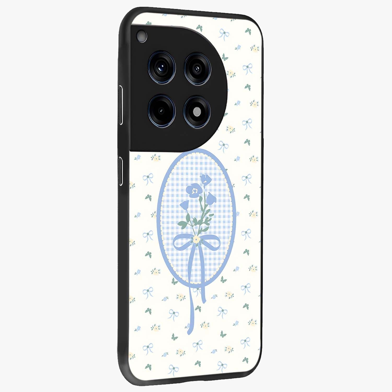 Blue Ribbon Bloom Glass Case for 1+12R side perspective highlighting graceful floral design and premium edges