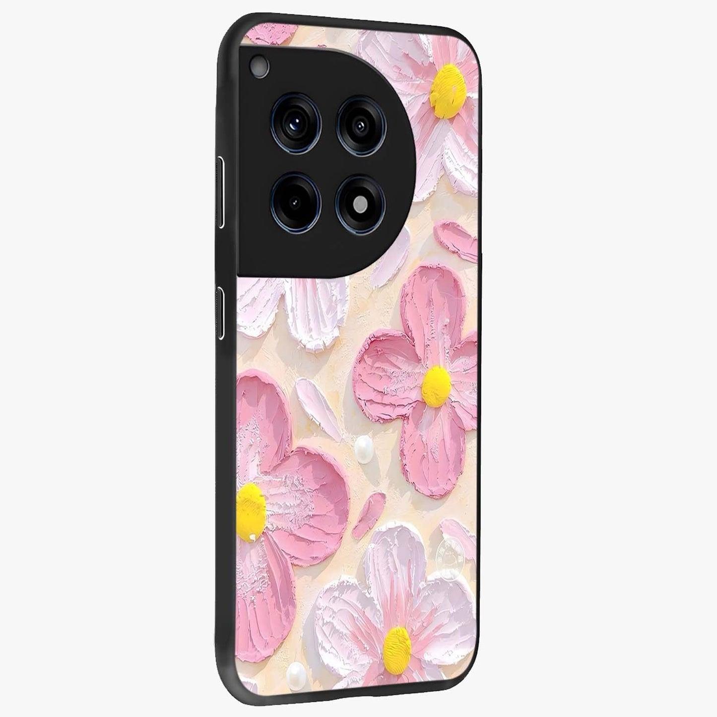 Blush Bloom Texture Glass Case for 1+12R side perspective highlighting rich floral textures and smooth edges