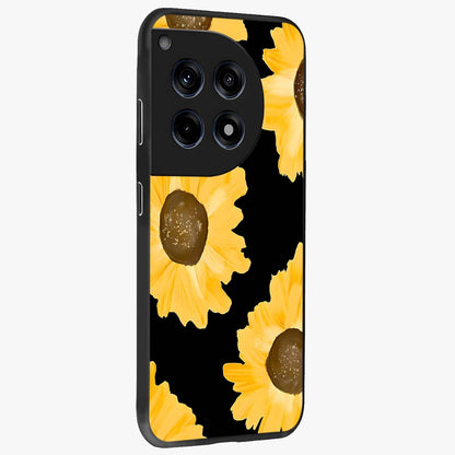 Bold Sunflowers Glow Glass Case for 1+12R side perspective highlighting rich yellow hues and premium edge finish