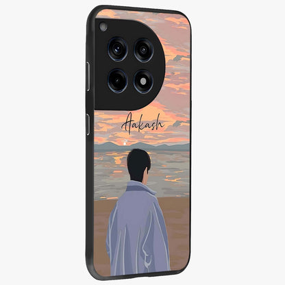 Boy Facing Sunset Beach Glass Case for 1+12R side perspective highlighting calming sunset gradients and smooth edges