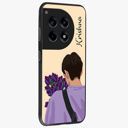 Boy Holding Flowers Glass Case for 1+12R side perspective highlighting delicate flower details and premium build