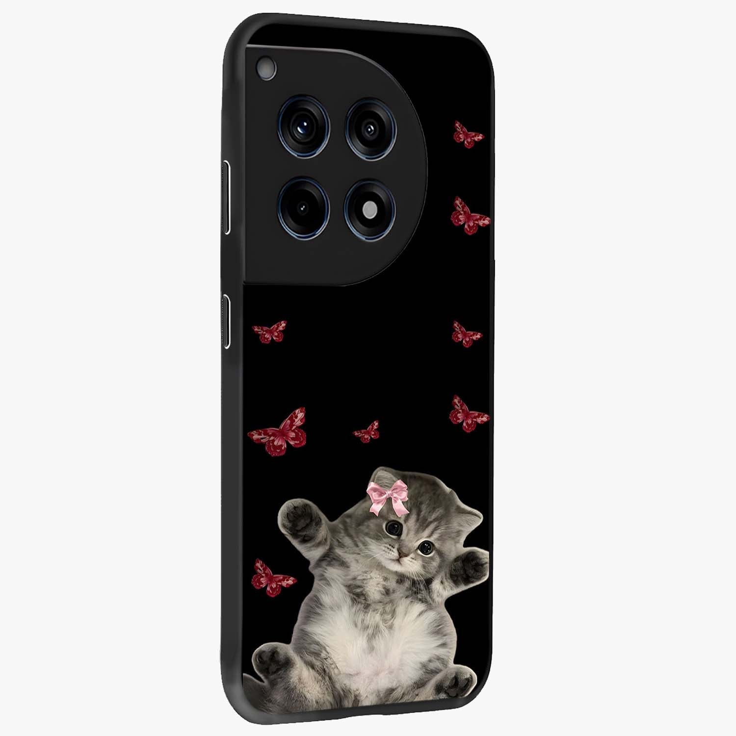 Butterfly Cat Bliss Glass Case for 1+12R side perspective highlighting delicate butterfly detailing and smooth edges