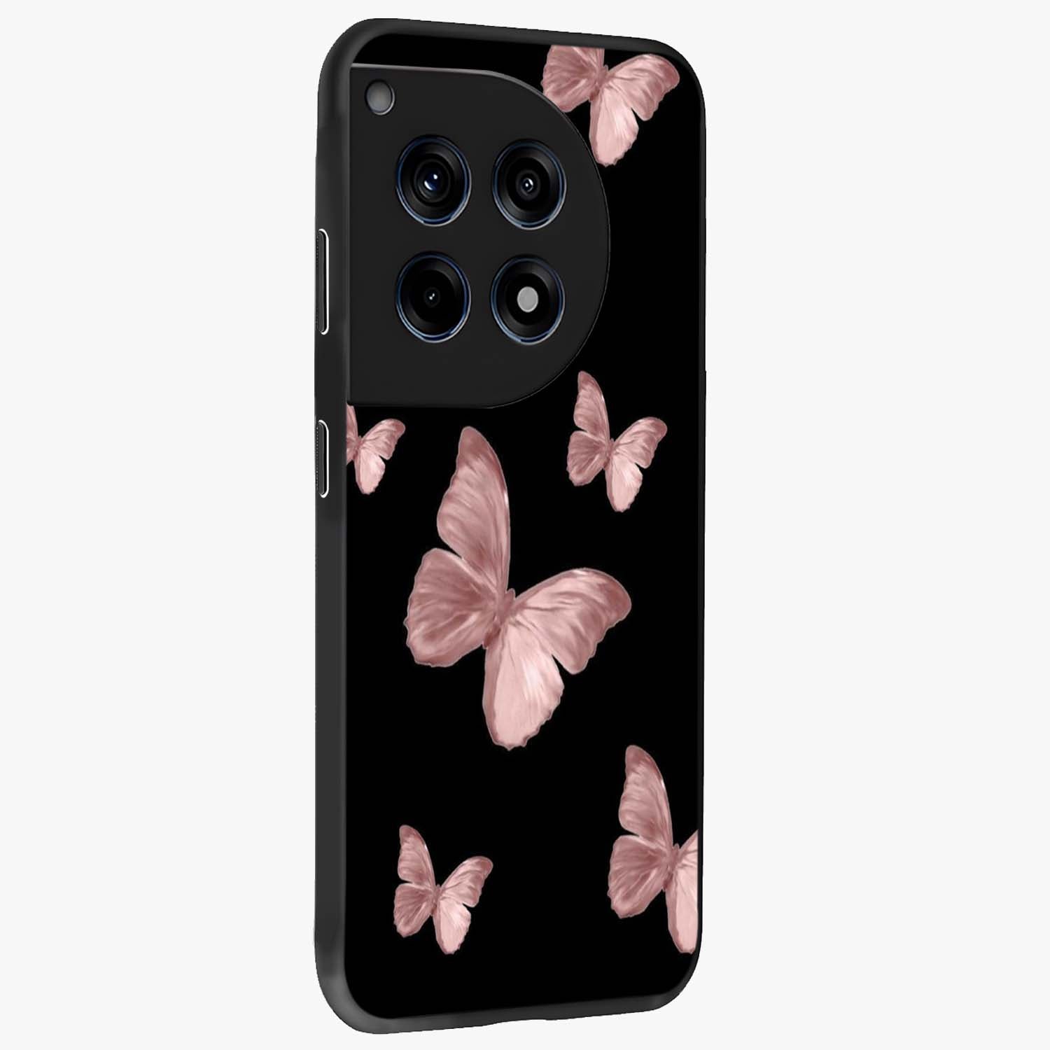 Butterfly Pattern Glass Case for 1+12R side perspective highlighting smooth edges and vibrant butterfly patterns