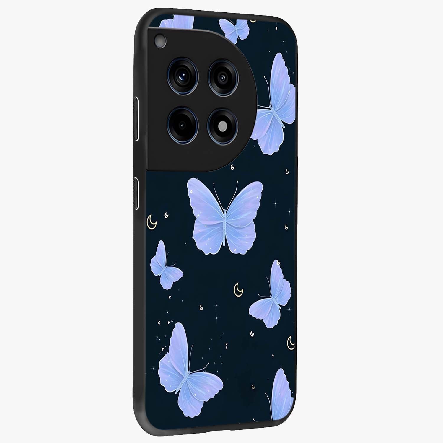Butterfly With Stars Pattern Glass Case for 1+12R side perspective highlighting glowing star details and premium edges