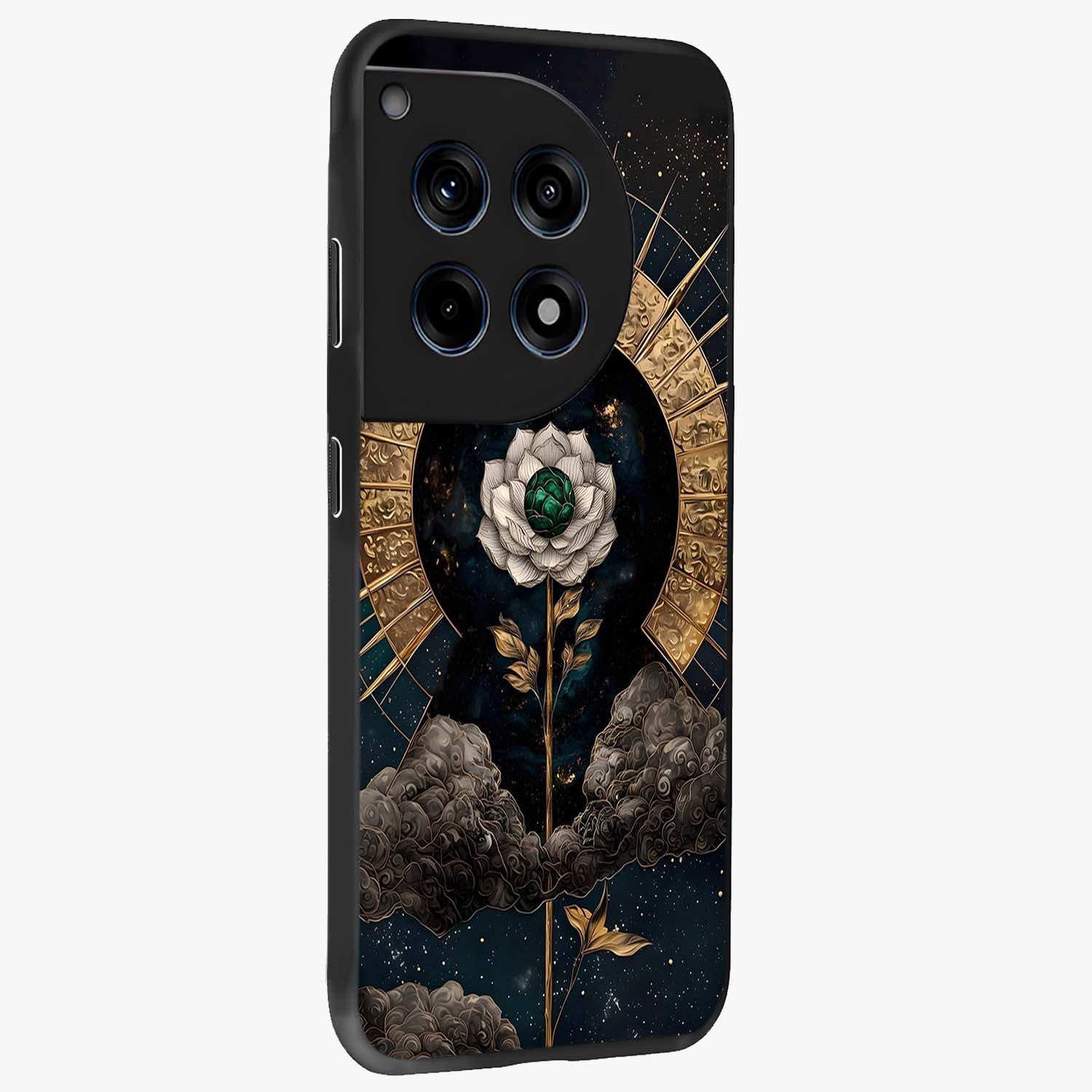 Cosmic Bloom Rose Glass Case for 1+12R side perspective highlighting glowing rose details and smooth premium build