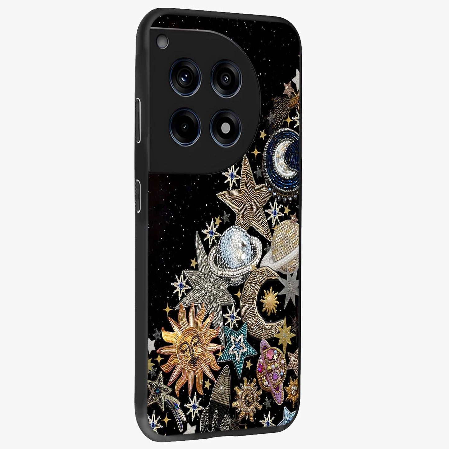 Cosmic Sparkle Dreams Glass Case for 1+12R side perspective highlighting shimmering textures and sleek edges