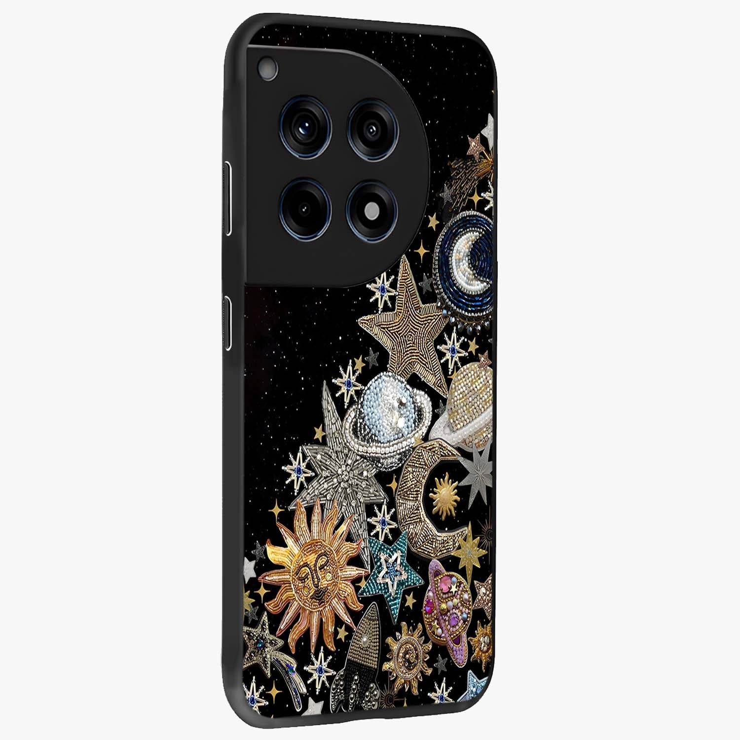 Cosmic Sparkle Dreams Glass Case for 1+12R side perspective highlighting shimmering textures and sleek edges