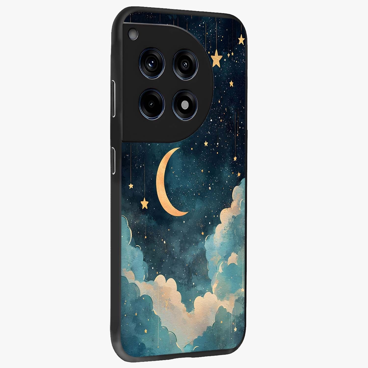 Crescent Galaxy Moon Glass Case for 1+12R side perspective highlighting luminous moon details and premium build
