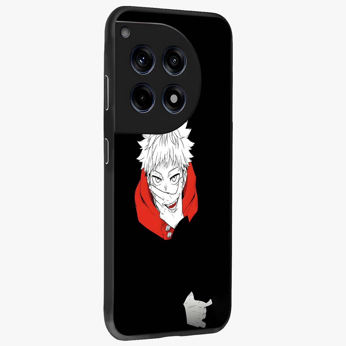 Crimson Chaos Smile Glass Case for 1+12R side perspective highlighting intense color contrast and sleek edges