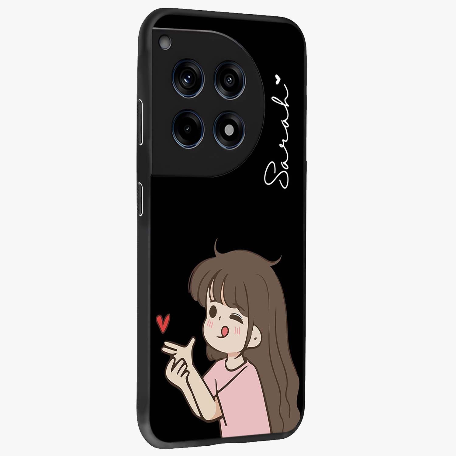 Cute Girl Firing Heart Glass Case for 1+12R side perspective highlighting playful design elements and sleek build