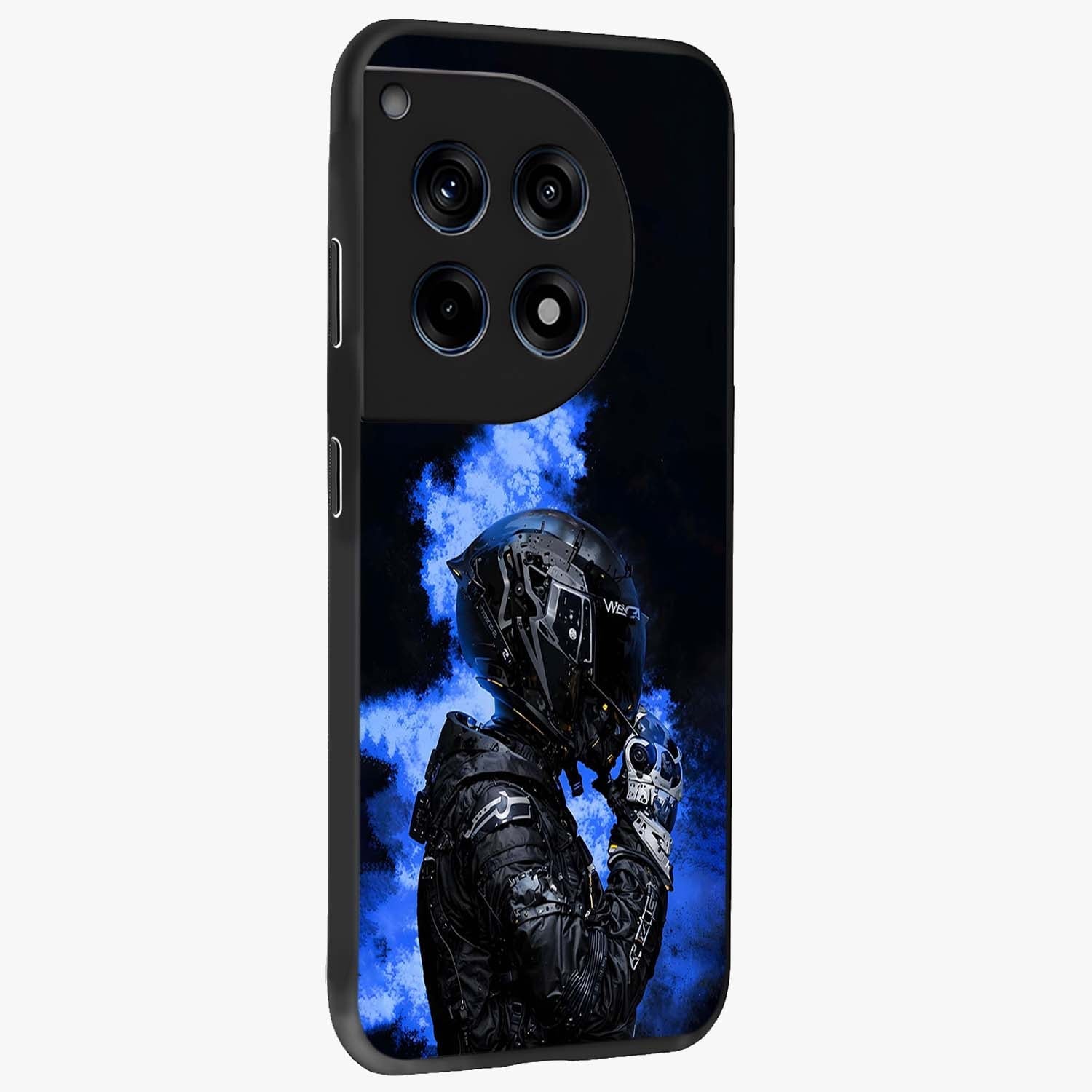 Cyber Sentinel Protocol Glass Case for 1+12R side perspective highlighting sharp digital textures and premium build