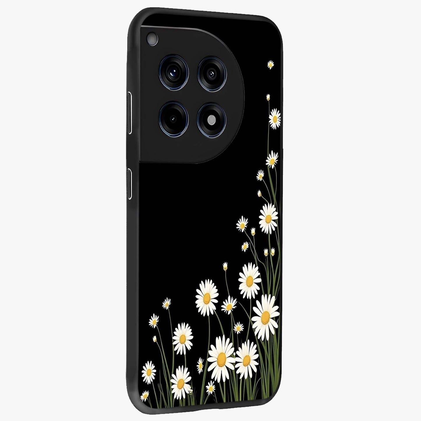 Daisy Cascade on Black Glass Case for 1+12R side perspective highlighting delicate daisy detailing and smooth edges