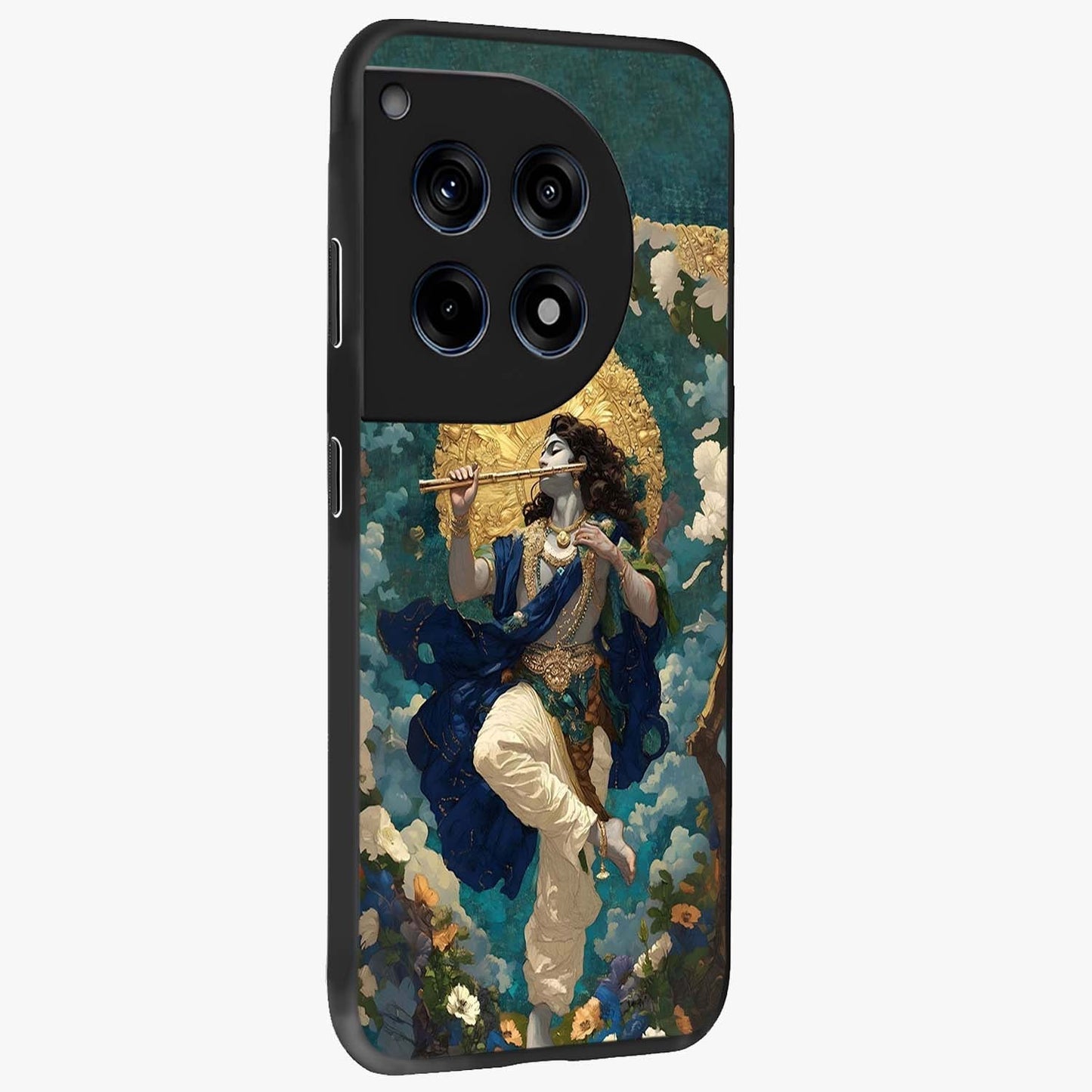 Divine Krishna Art Glass Case for 1+12R side perspective highlighting intricate divine illustration and premium edges