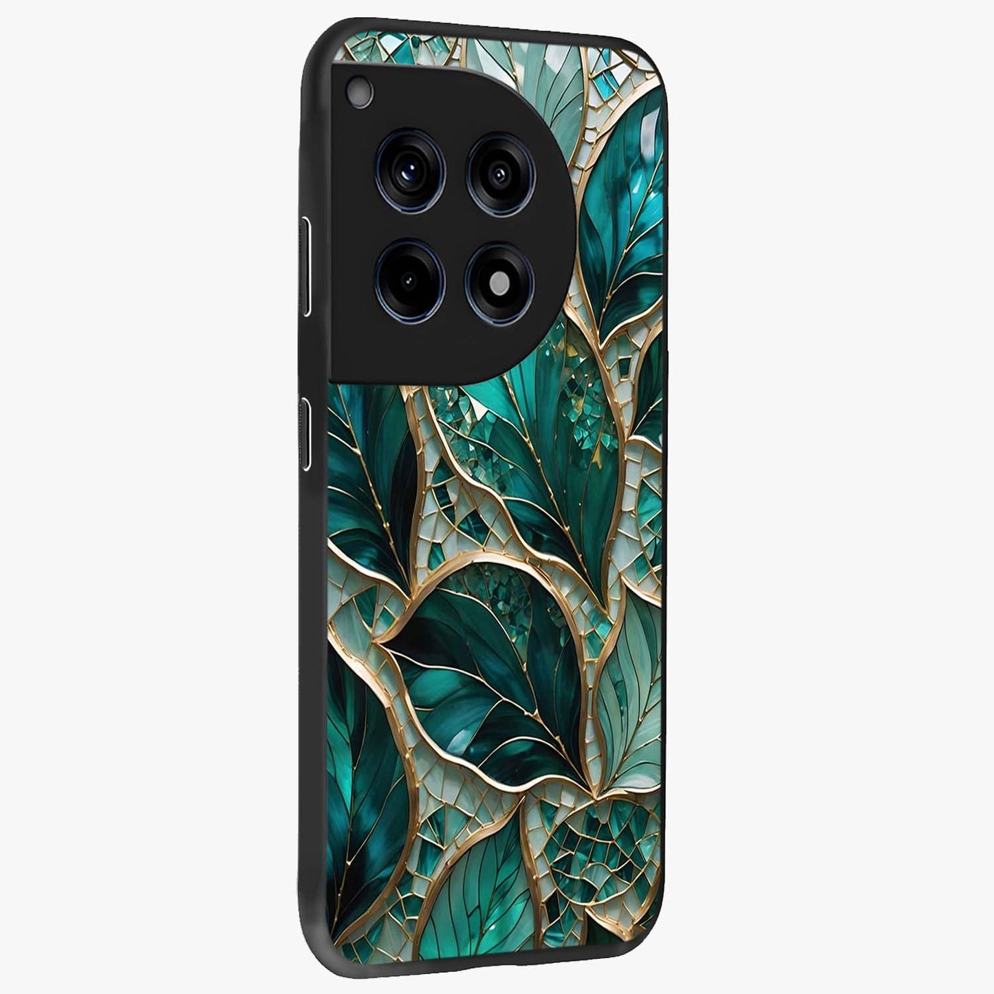 Emerald Leaf Glass Case for 1+12R side perspective highlighting refined leaf textures and sleek build