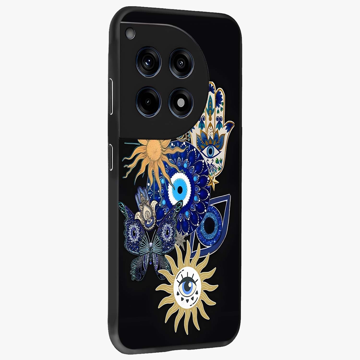 Evil Eye Charm Vibes Glass Case for 1+12R side perspective highlighting vibrant textures and premium edge finish