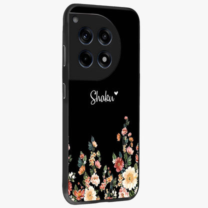 Floral Design With a Custom Personalized Name Glass Case for 1+12R side perspective highlighting custom typography and premium edges