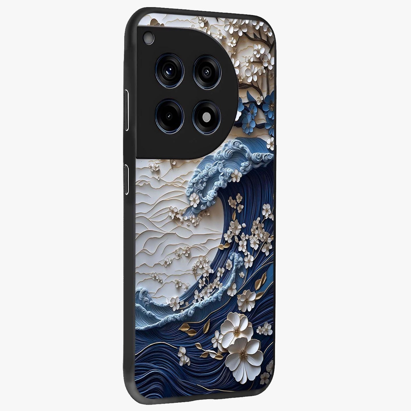 Floral Wave Origami Glass Case for 1+12R side perspective highlighting sharp origami textures and sleek premium edges