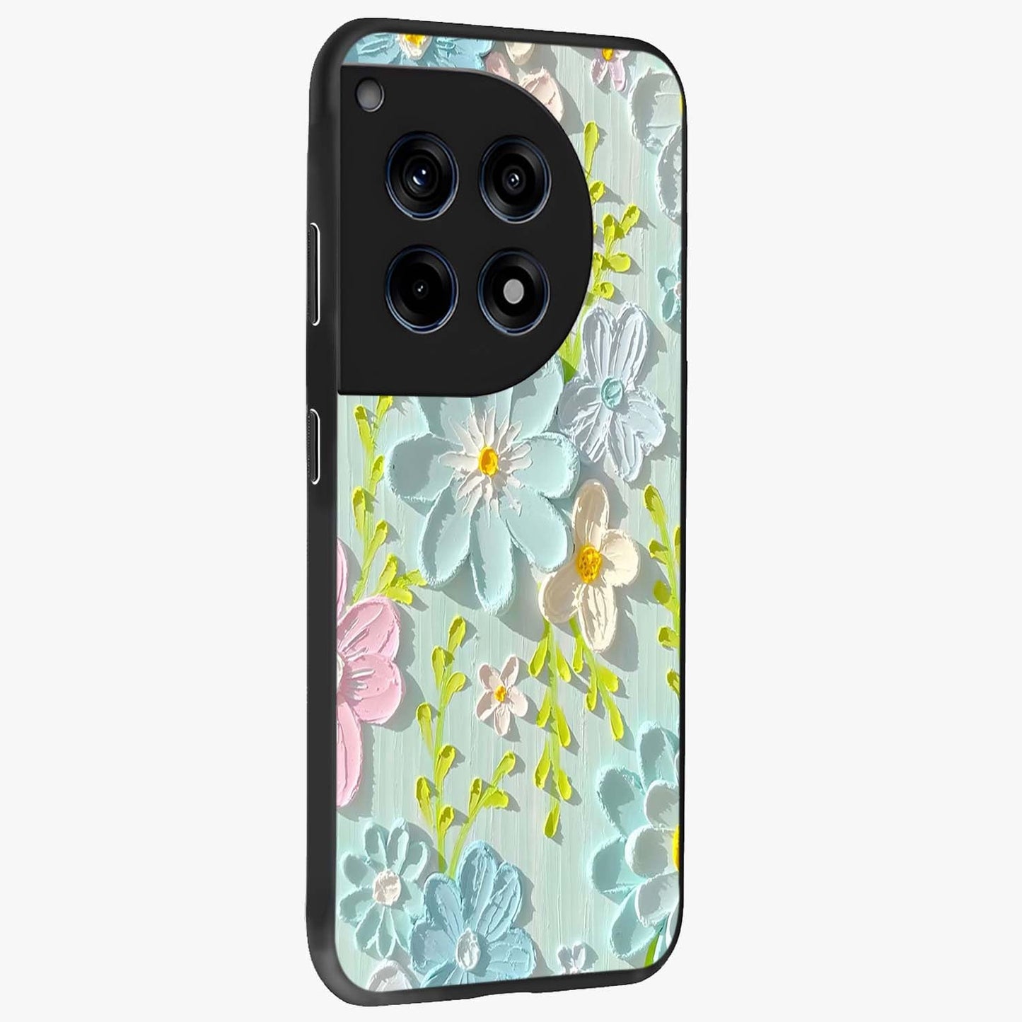 Frosted Petal Garden Glass Case for 1+12R side perspective highlighting subtle petal textures and sleek premium build