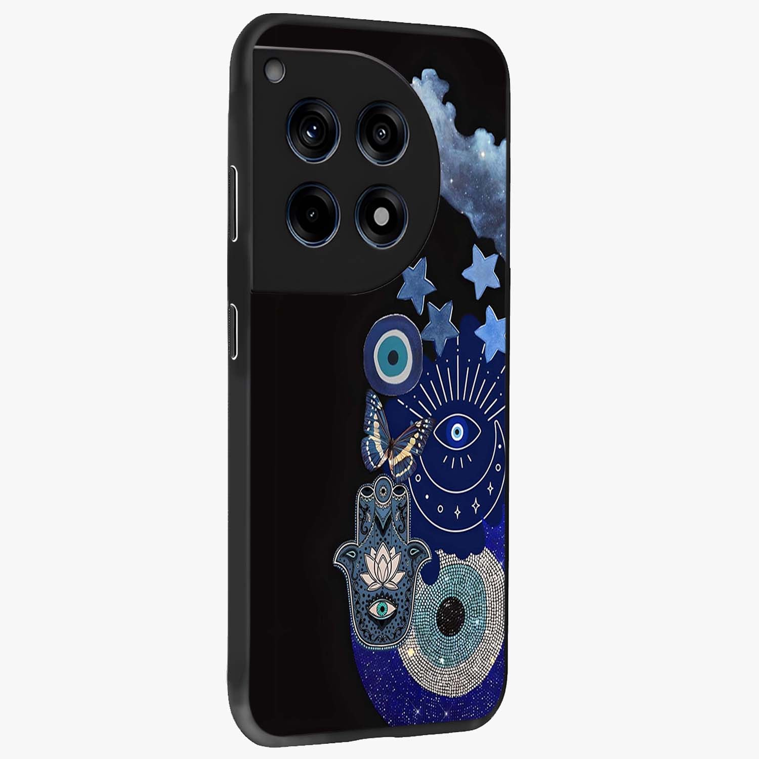 Galactic Charm Cluster Glass Case for 1+12R side perspective highlighting glowing textures and premium edge finish