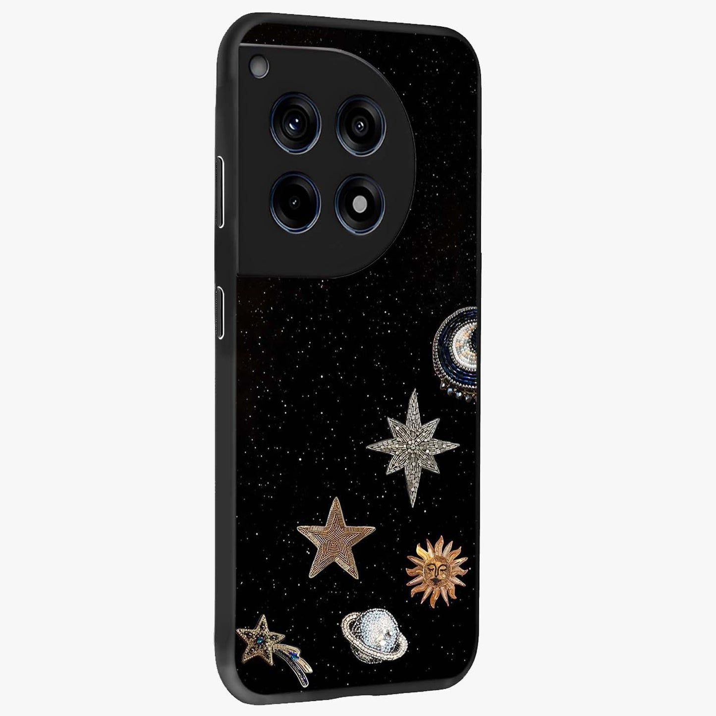 Galactic Charm Glow Glass Case for 1+12R side perspective highlighting vibrant star detailing and sleek premium edges