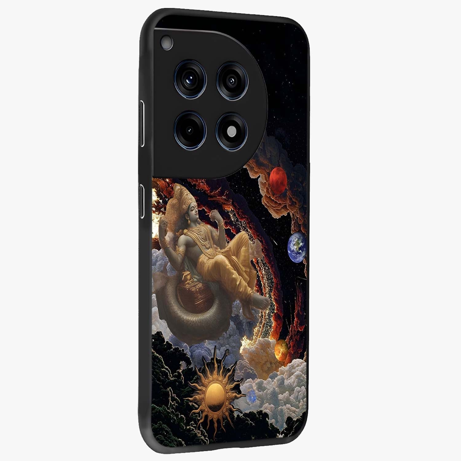Galactic Divine God Glass Case for 1+12R side perspective highlighting intricate divine detailing and premium edge finish