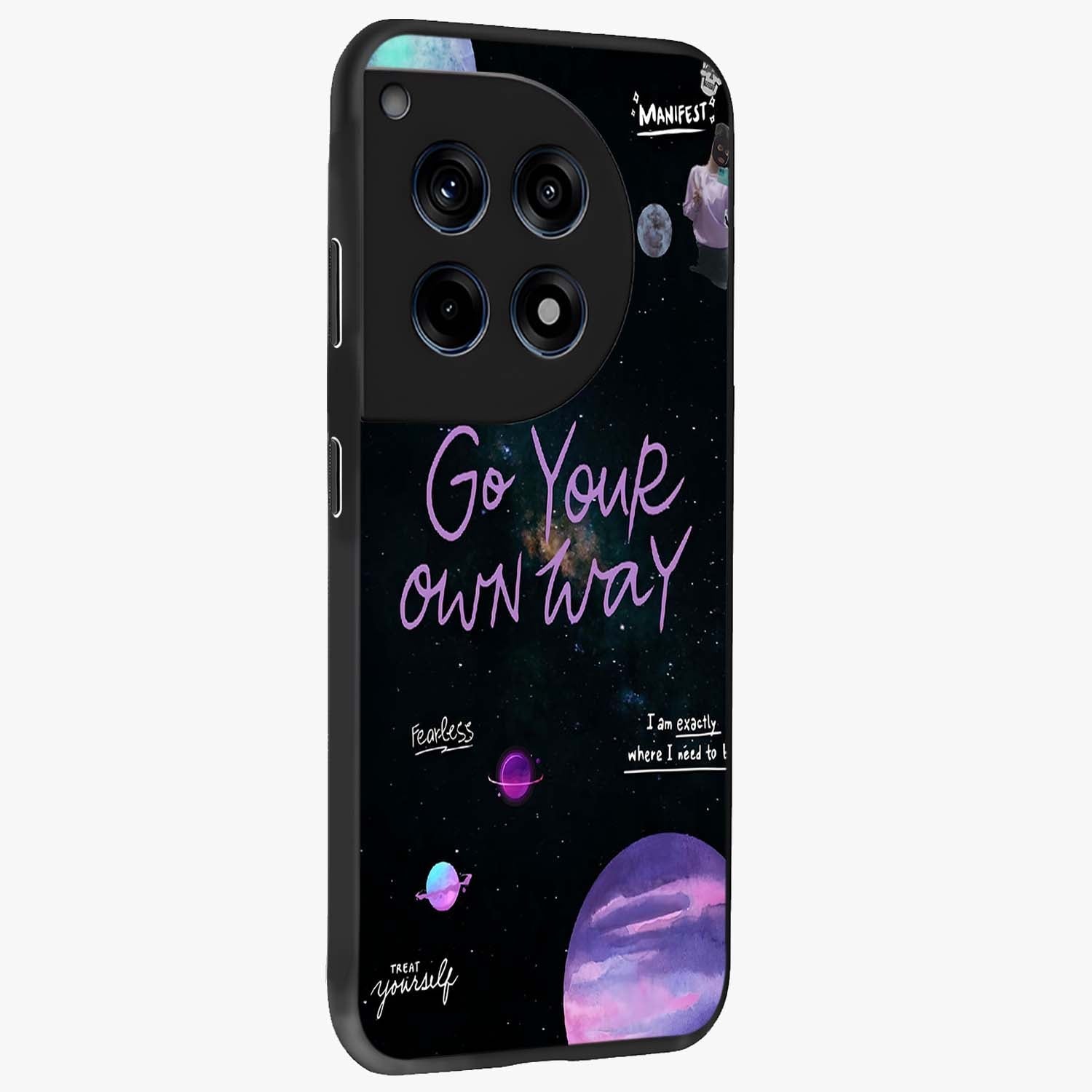 Galactic Vibes Universe Glass Case for 1+12R side perspective highlighting bold cosmic textures and sleek build