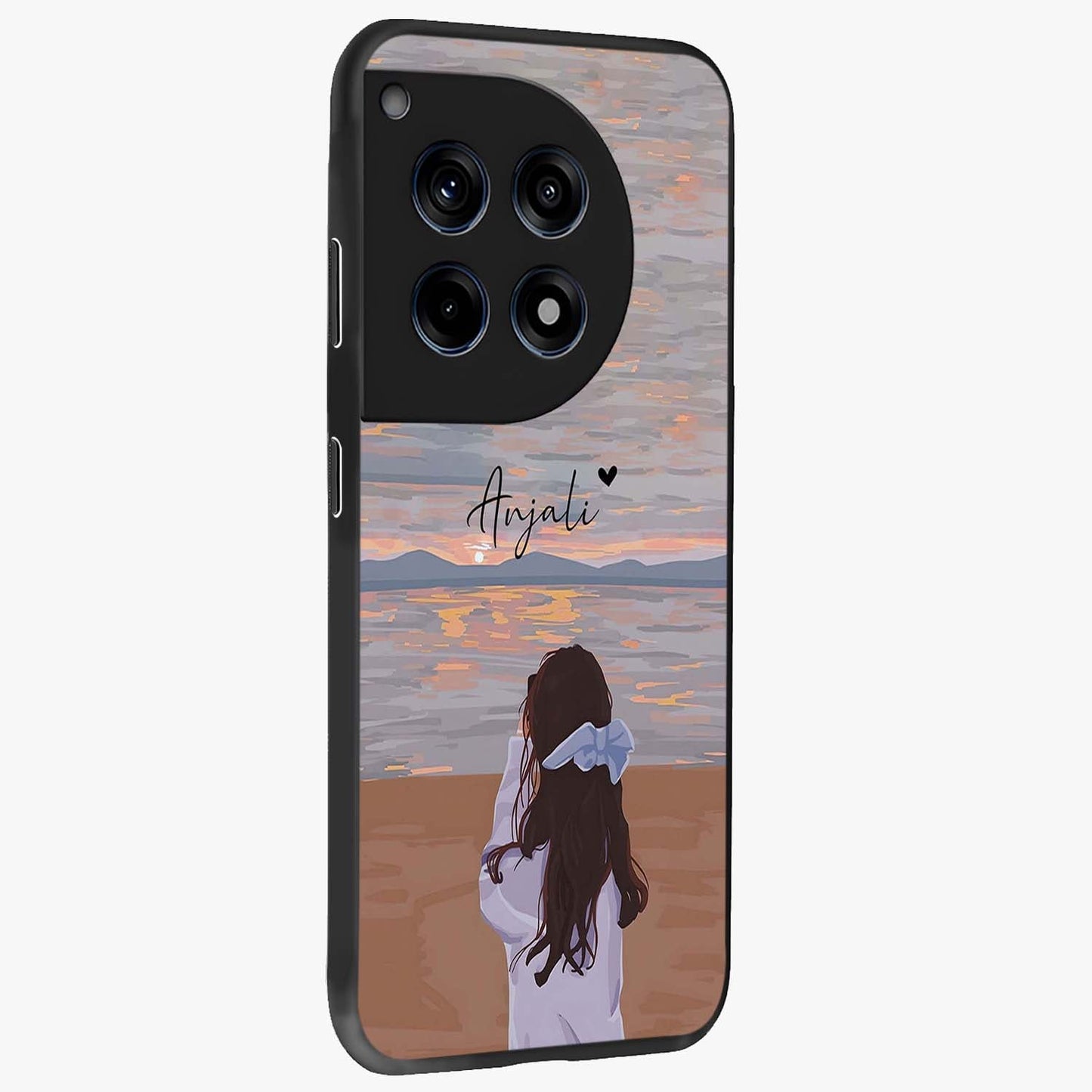 Girl Facing Sunset Beach Glass Case for 1+12R side perspective highlighting calming sunset gradients and smooth edges