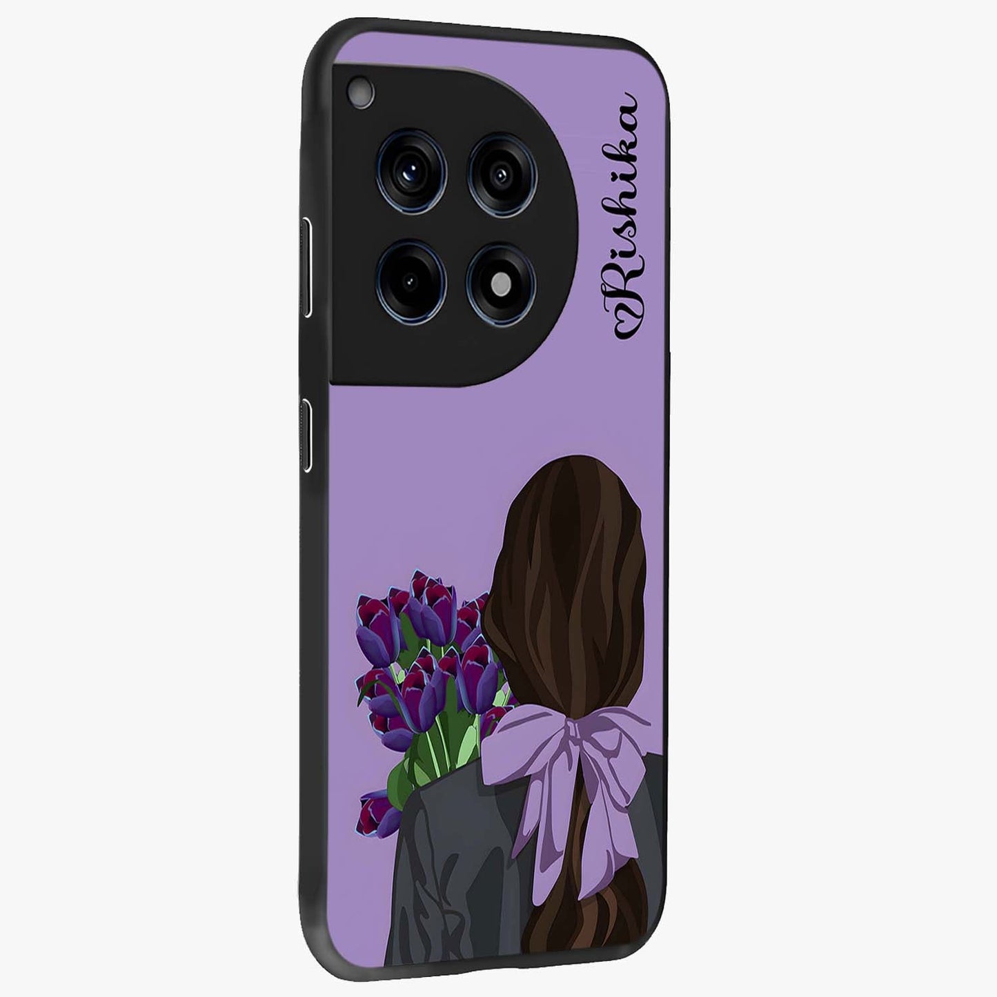 Girl Holding Flowers Glass Case for 1+12R side perspective highlighting delicate floral detailing and premium edges