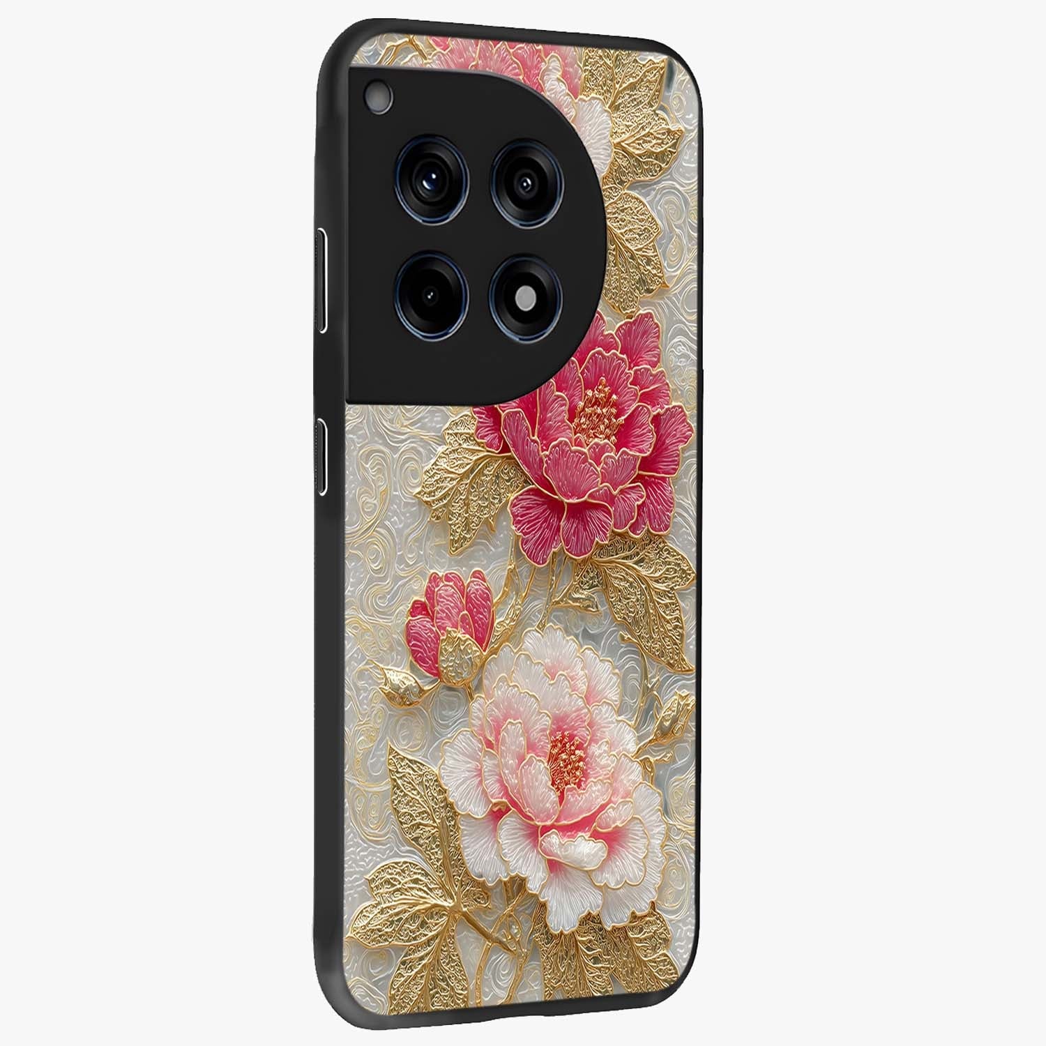 Golden Celestial Charm Glass Case for 1+12R side perspective highlighting luminous detailing and premium edge finish