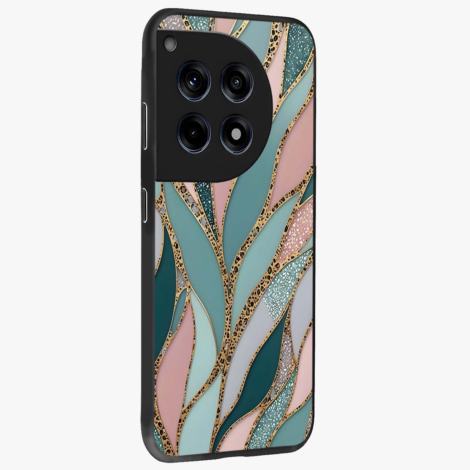 Golden Lotus Glow Glass Case for 1+12R side perspective highlighting intricate lotus detailing and premium edge finish