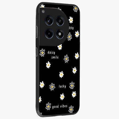 Good Vibes Daisy Black Pattern Glass Case for 1+12R side perspective highlighting playful daisy detailing and smooth edges