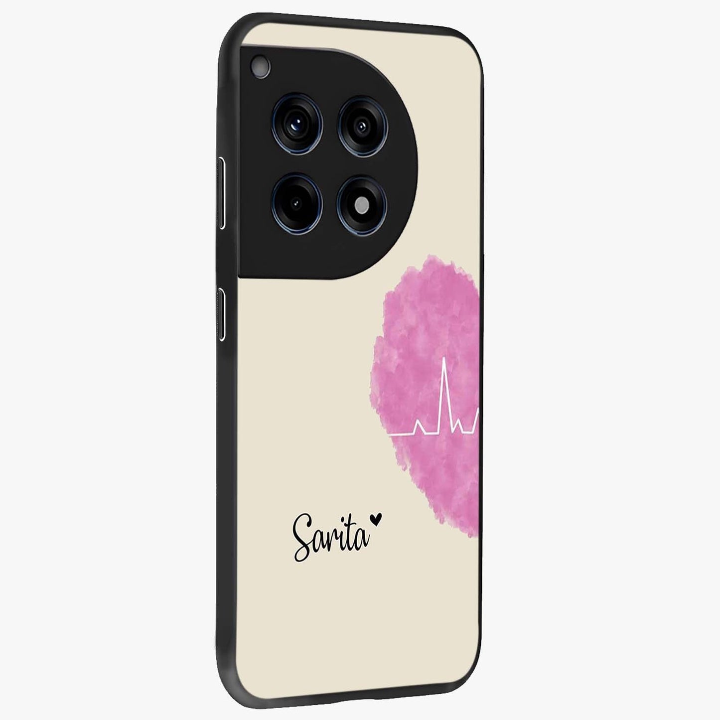 Heartbeat of Love Glass Case for 1+12R side perspective highlighting delicate heart detailing and smooth premium edges