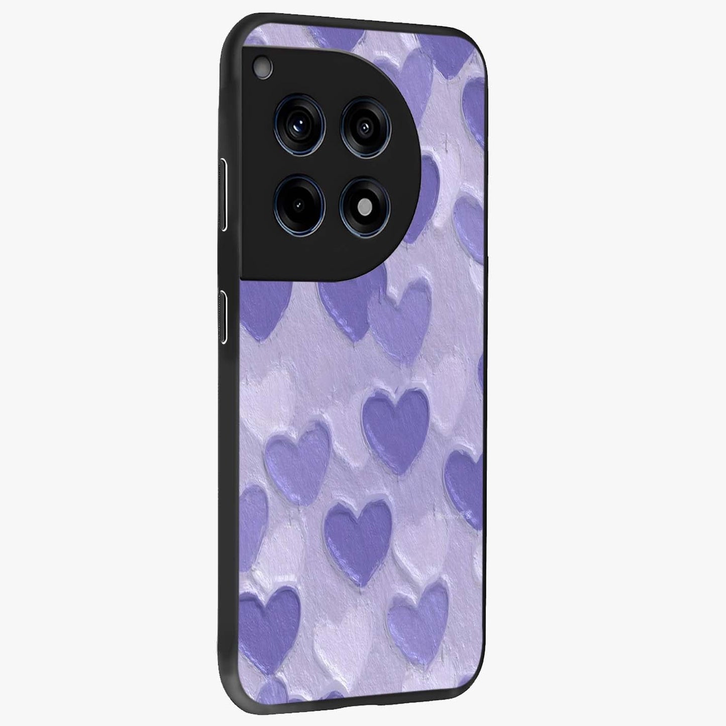 Lavender Paper Hearts Glass Case for 1+12R side perspective highlighting delicate heart textures and sleek build