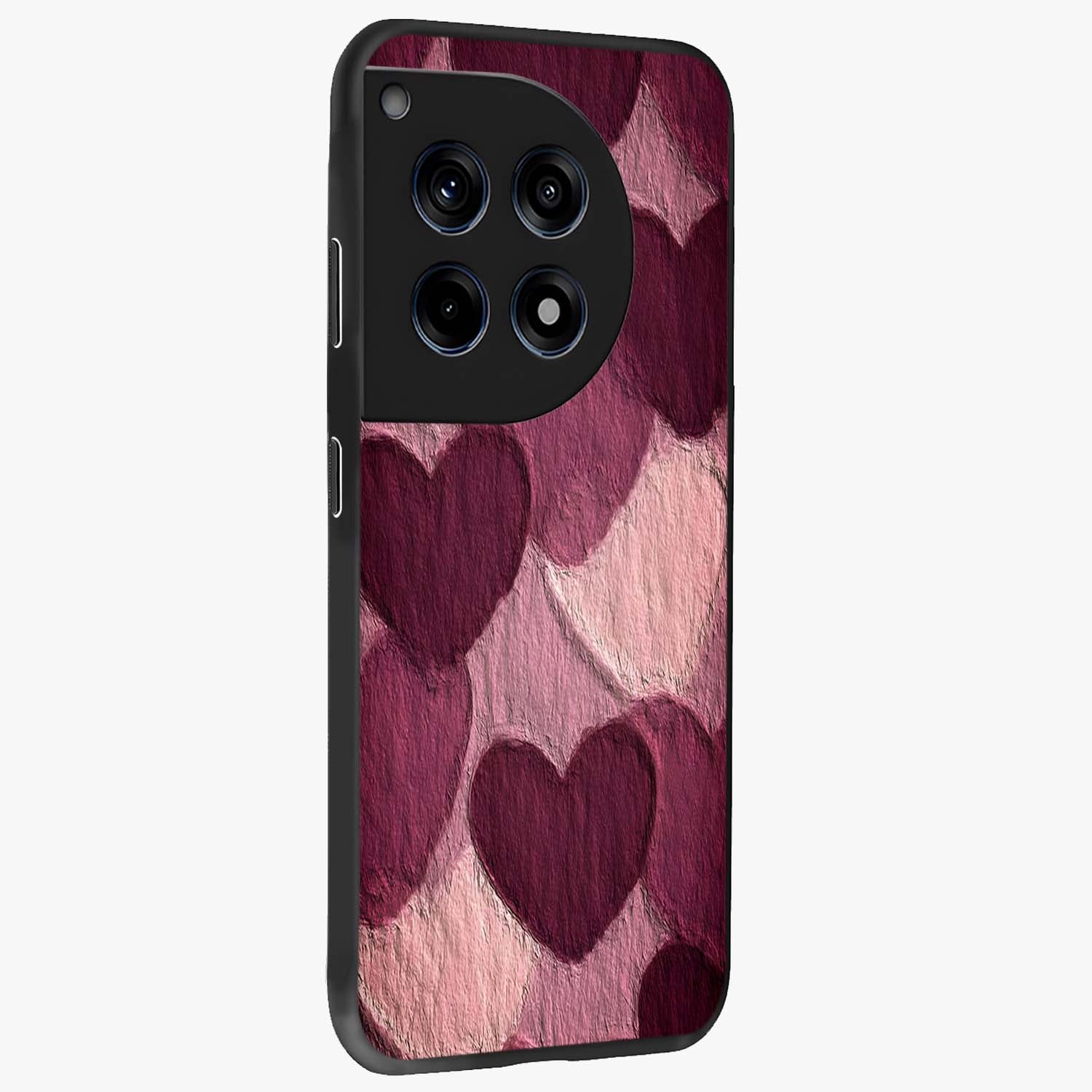 Layered Paper Hearts Glass Case for 1+12R side perspective highlighting layered texture detailing and premium edges