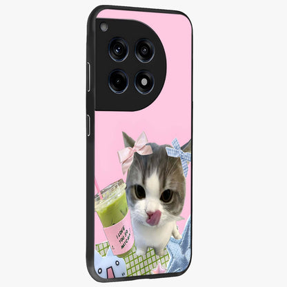 Love Matcha Cat Glass Case for 1+12R side perspective highlighting charming feline textures and smooth edges