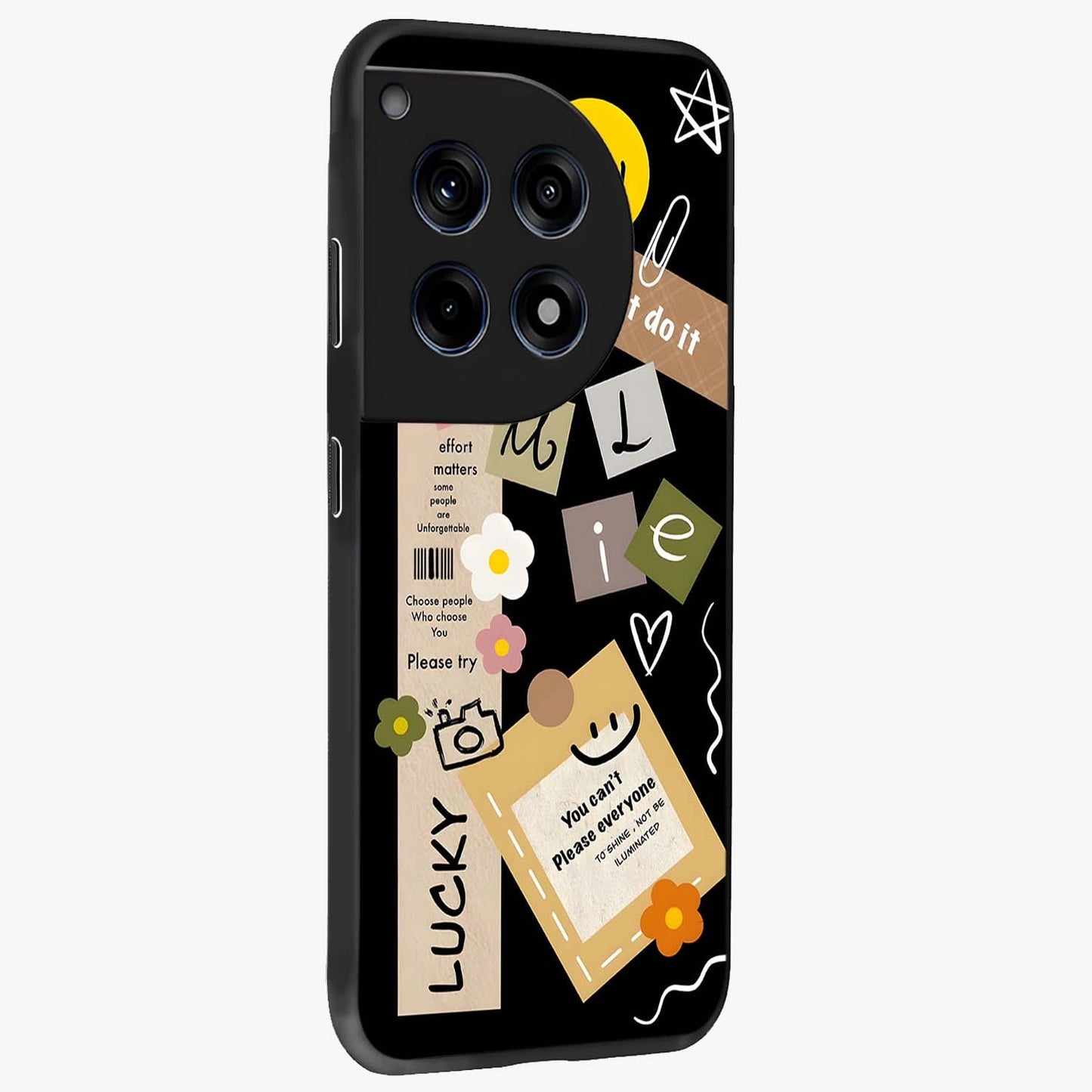 Lucky Aesthetic Collage Case Glass Case for 1+12R side perspective highlighting playful detailing and sleek edges
