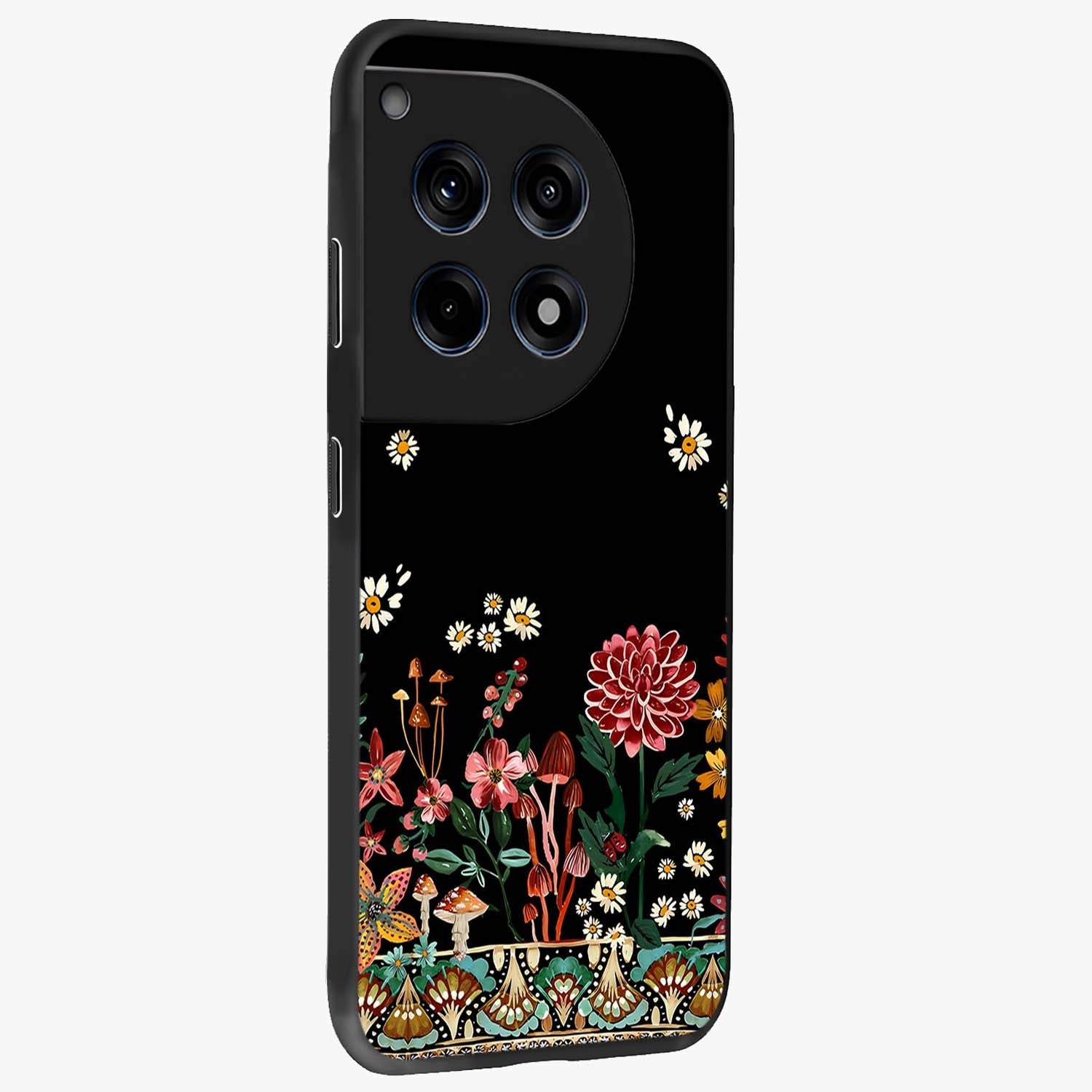 Midnight Bloom Pattern Glass Case for 1+12R side perspective highlighting intricate floral textures and premium edges