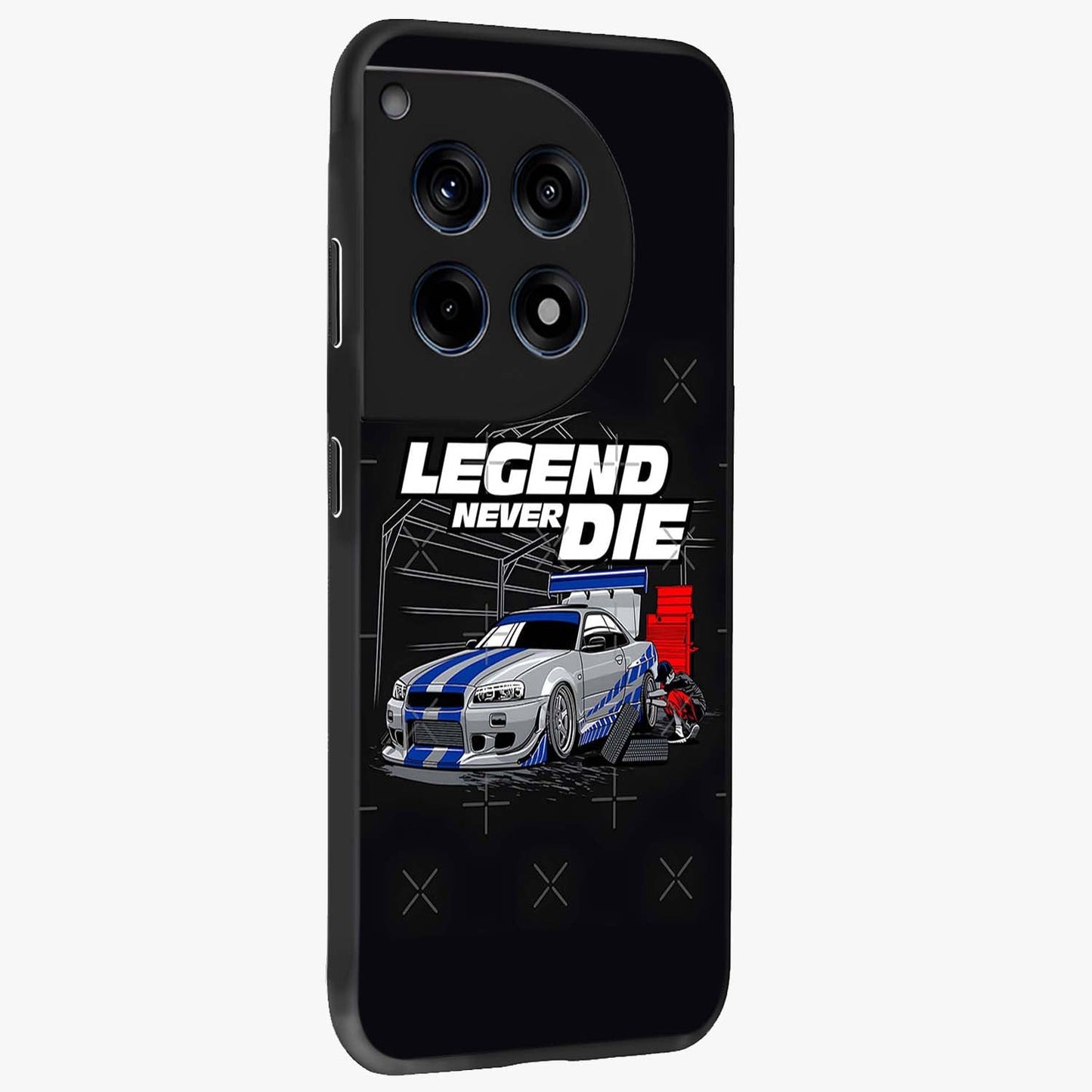 Midnight Racing Legacy Glass Case for 1+12R side perspective highlighting sleek speed textures and premium edges
