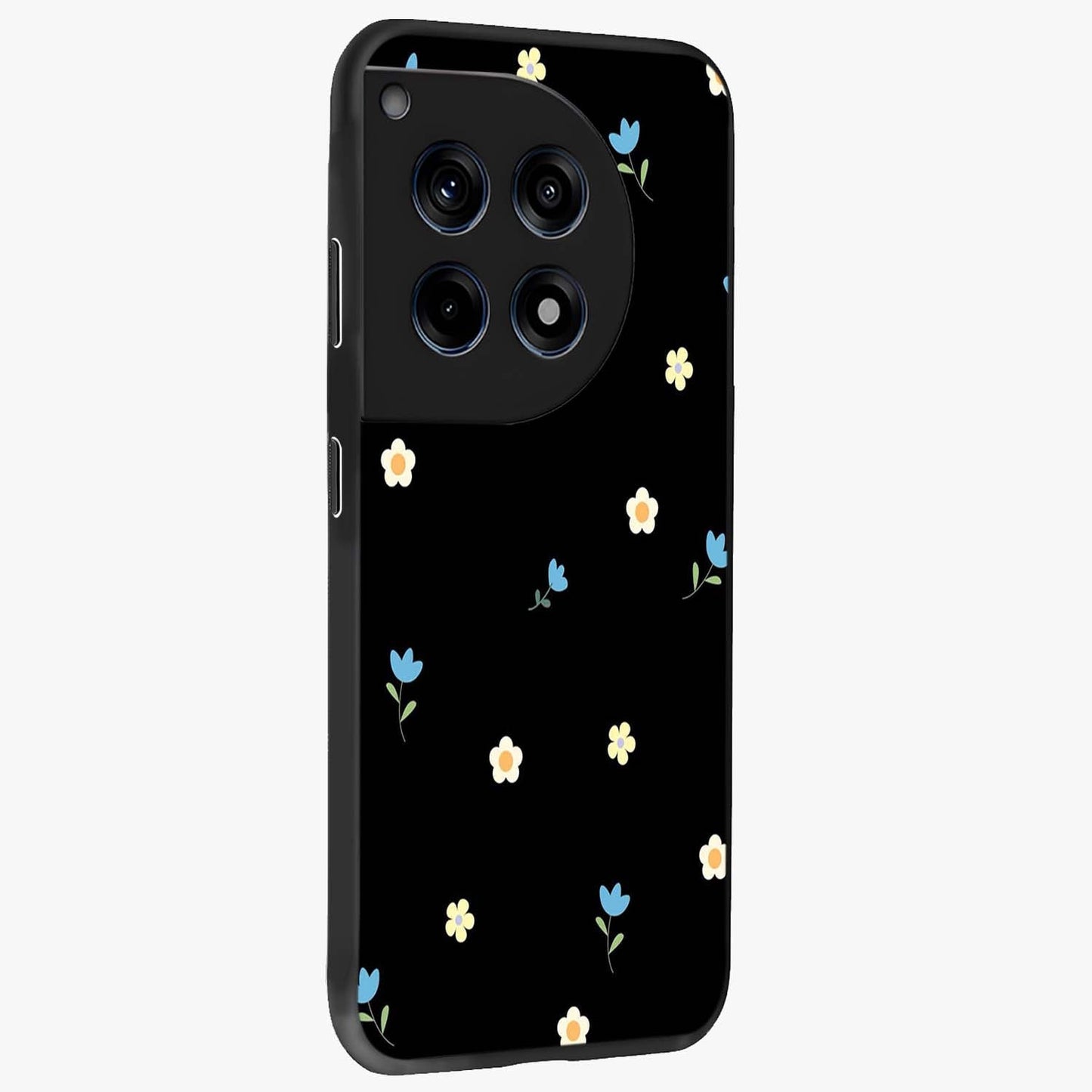 Minimalistic Blue With White Flower Pattern Glass Case for 1+12R side perspective highlighting subtle floral textures and premium edges