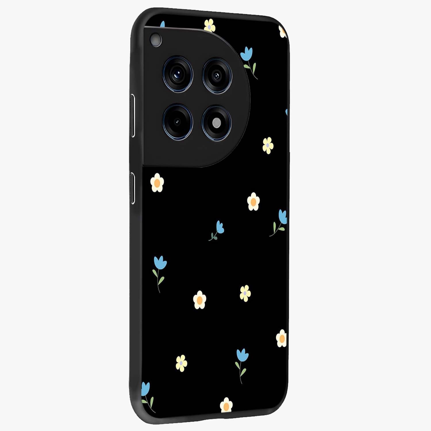 Minimalistic Blue With White Flower Pattern Glass Case for 1+12R side perspective highlighting subtle floral textures and premium edges