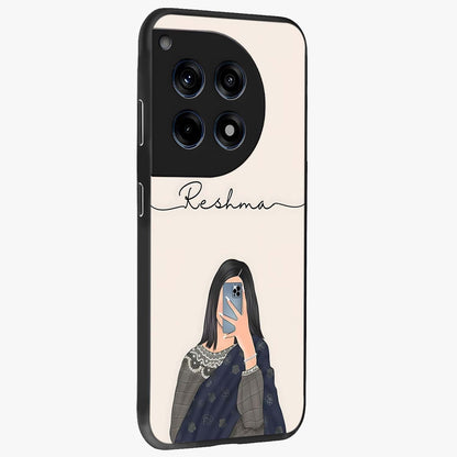 Mirror Mood Muse With Custom Name Glass Case for 1+12R side perspective highlighting custom text detailing and premium edges