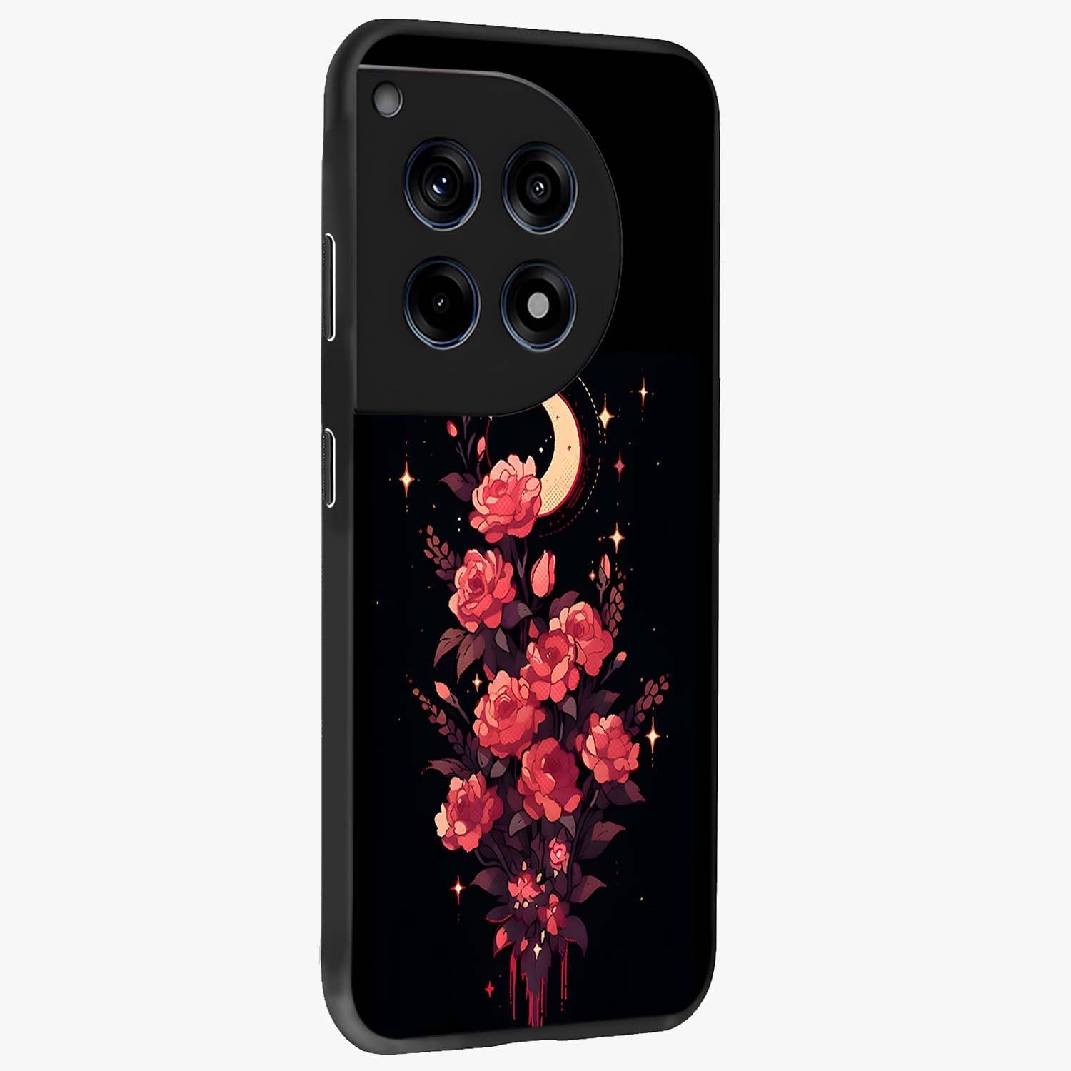Moonlit Floral Elegance Glass Case for 1+12R side perspective highlighting elegant bloom detailing and smooth build